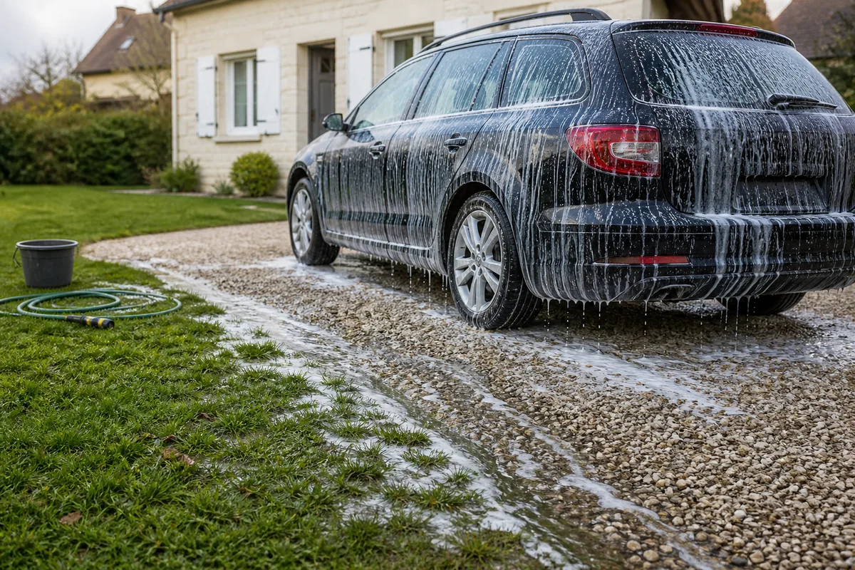 Voiture lavée à la main sur une allée gravillonnée devant une maison, seau et gant en microfibre au premier plan