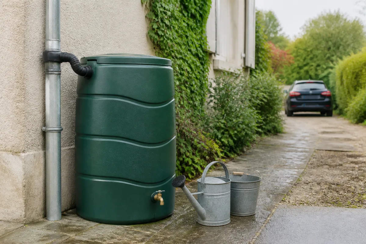 Cuve de récupération d’eau de pluie raccordée à une gouttière au bord d’une allée de maison