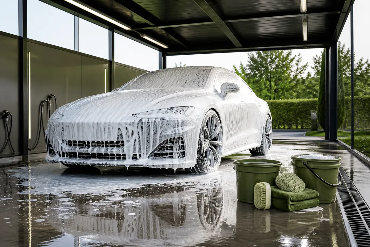 Carrosserie sombre recouverte de mousse de lavage sous une lumière rasante