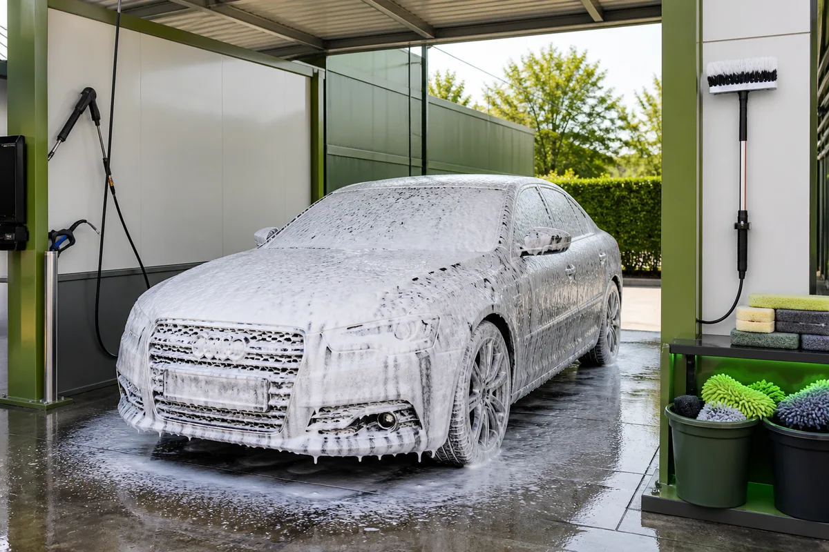 Cabine de lavage haute pression en libre-service avec lance et brosse mousse