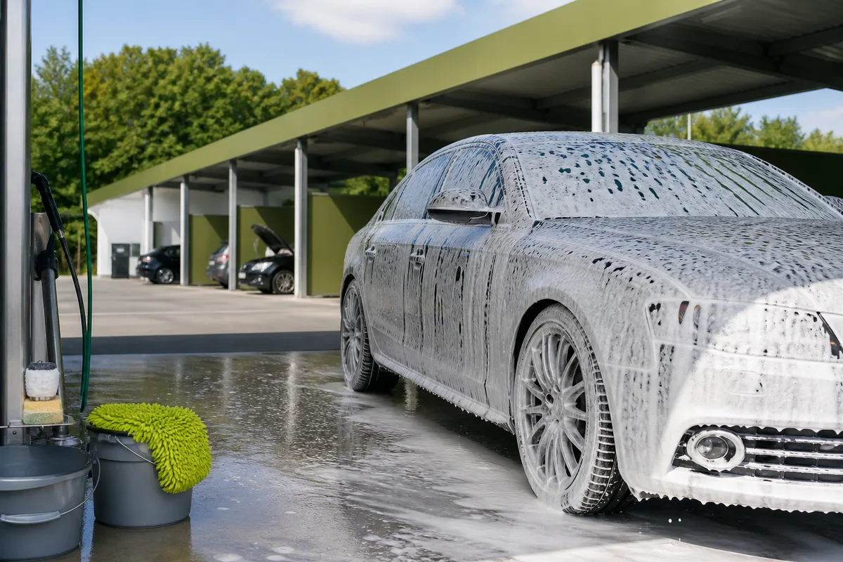 Station de lavage automobile en périphérie avec plusieurs pistes en libre-service
