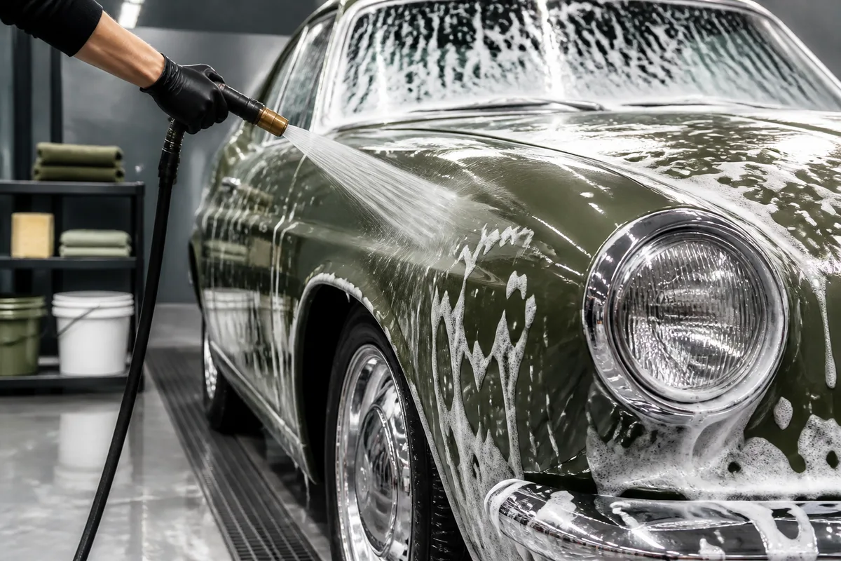 Rinçage d’une carrosserie au jet basse pression avant lavage manuel