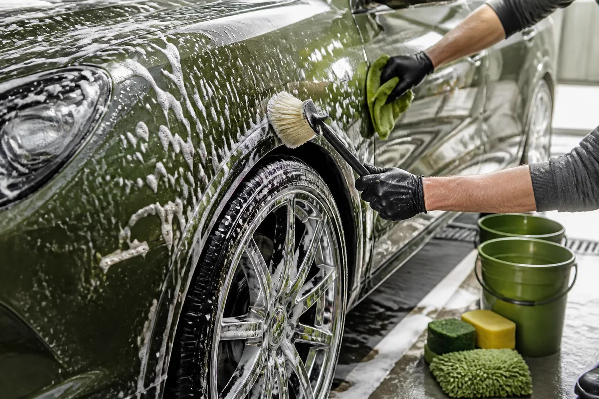 Carrosserie et jante nettoyées lors d&rsquo;un lavage complet, avec brosse souple et microfibre