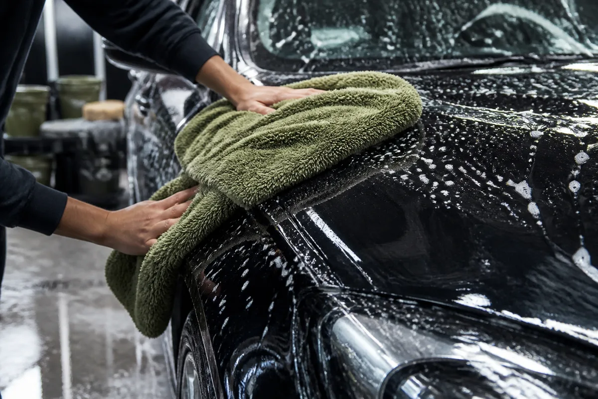 Séchage d&rsquo;une carrosserie sombre avec une grande microfibre à poils longs après le rinçage