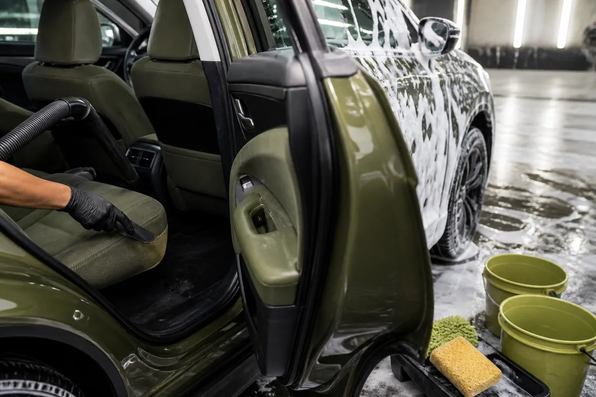 Habitacle de voiture en cours de nettoyage intérieur avec aspiration des tapis et des sièges