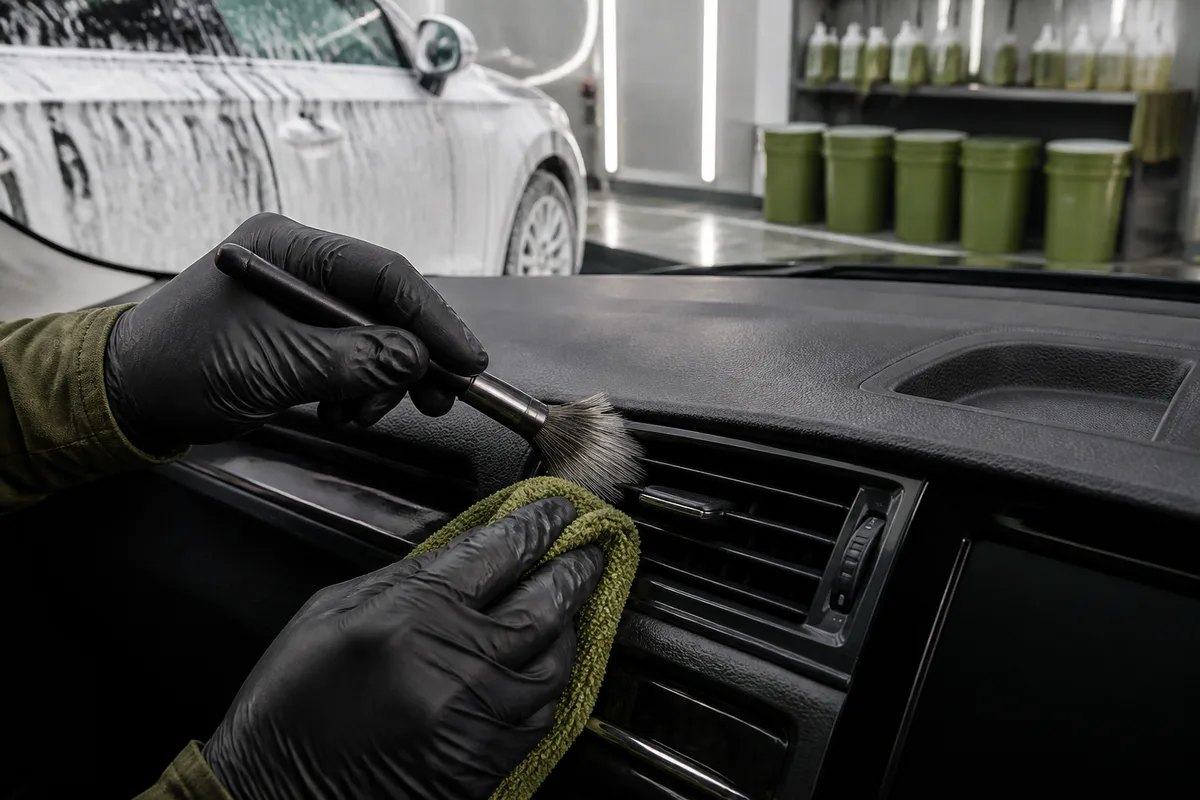 Nettoyage des plastiques et des aérateurs d’un tableau de bord avec brosse et microfibre