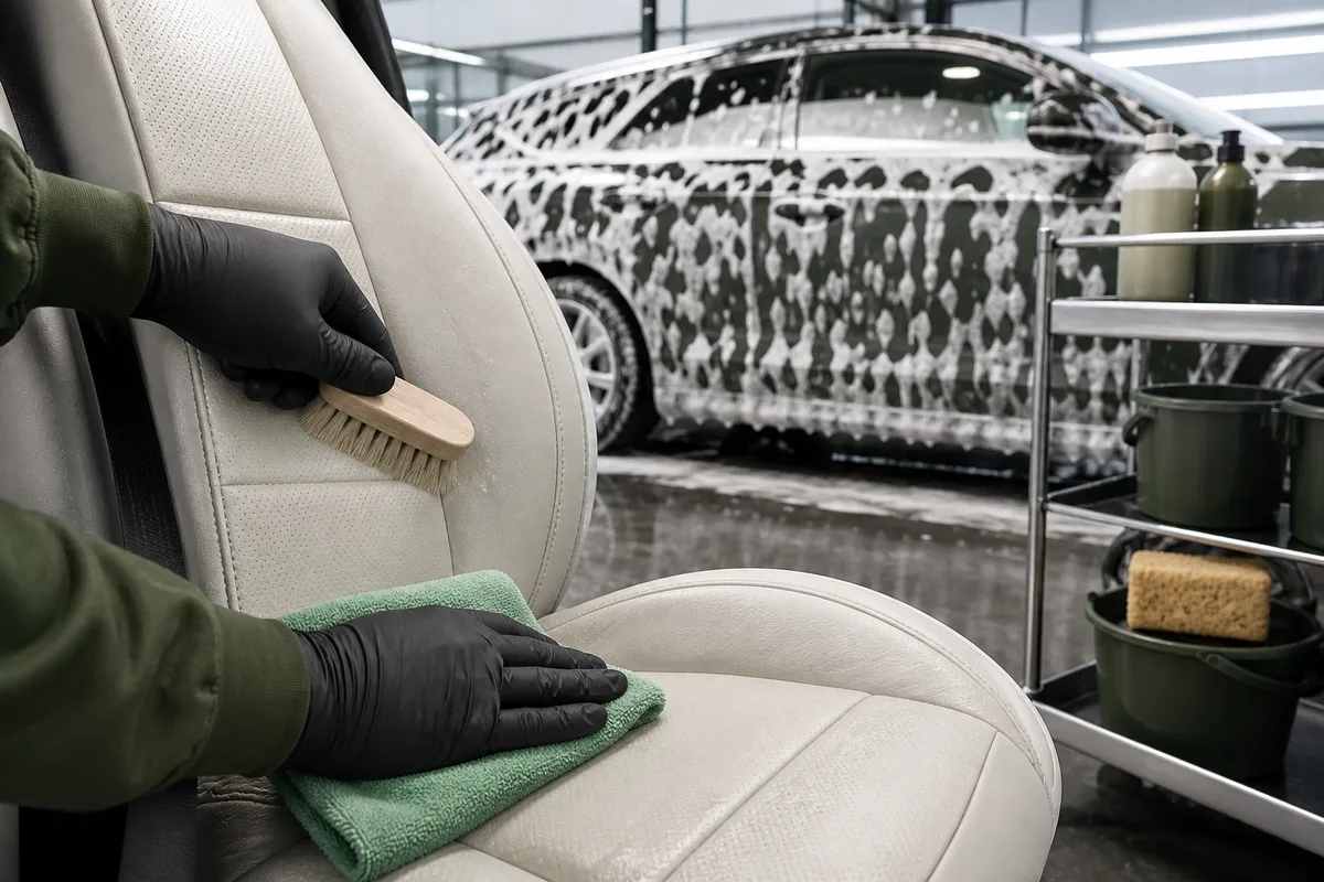 Nettoyage d’un siège en cuir clair avec une brosse souple et une microfibre